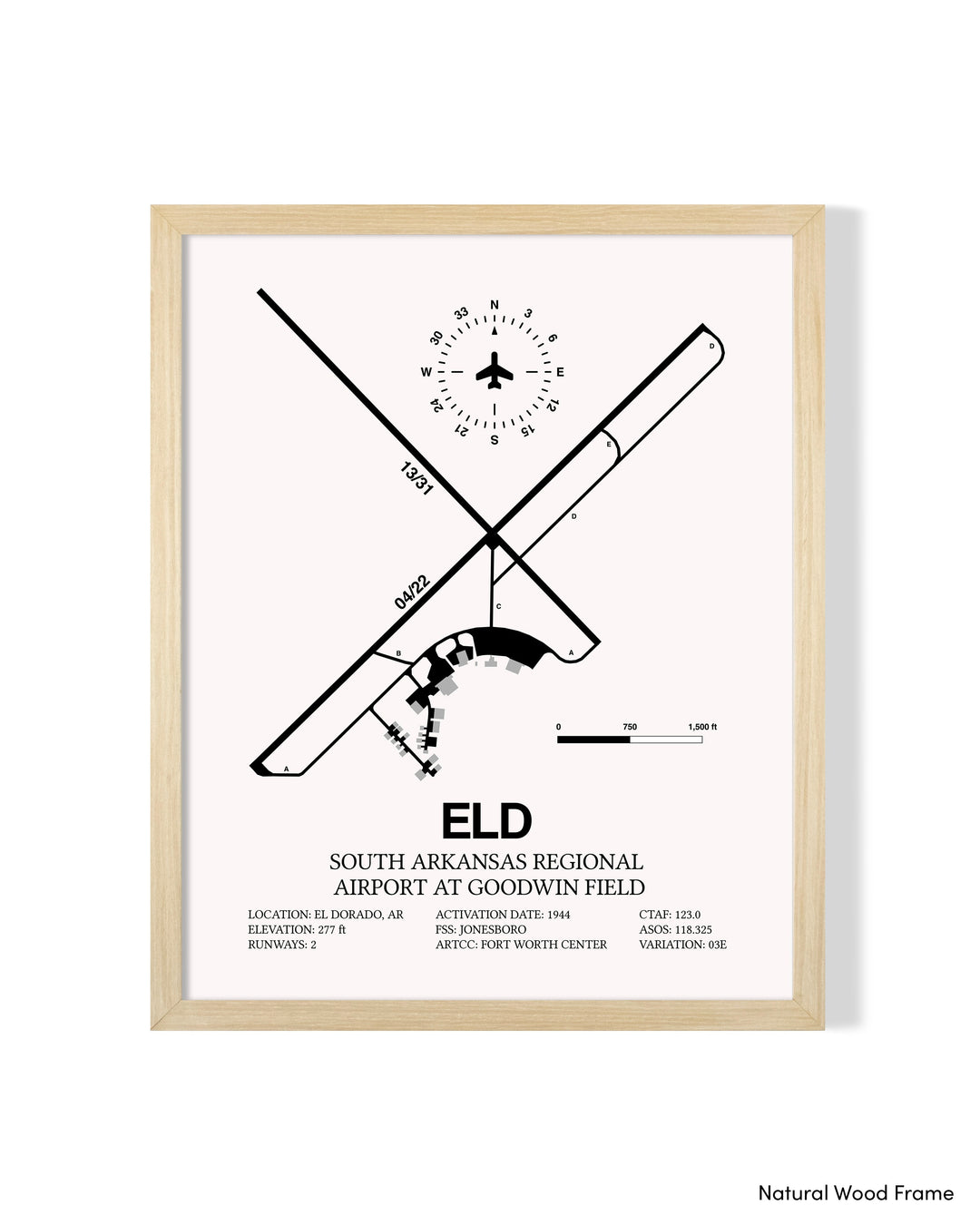 Detailed Airport Map of South Arkansas Regional Airport at Goodwin Field (ELD) in White with a Natural Frame