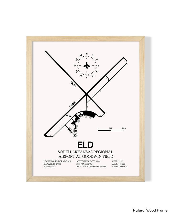 Detailed Airport Map of South Arkansas Regional Airport at Goodwin Field (ELD) in White with a Natural Frame