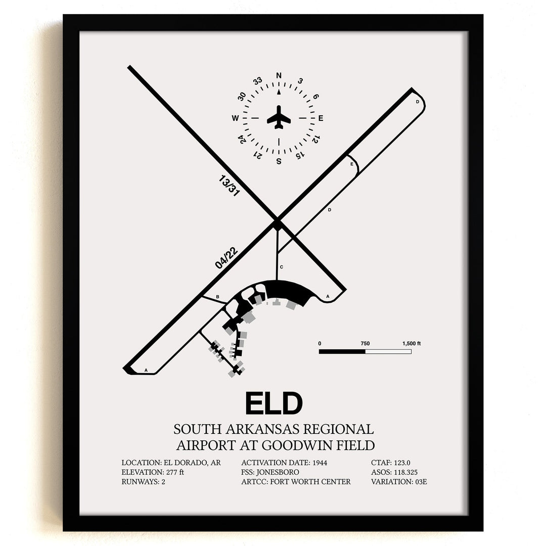 Framed Detailed Airport Map of South Arkansas Regional Airport at Goodwin Field (ELD) in White with a Black Frame
