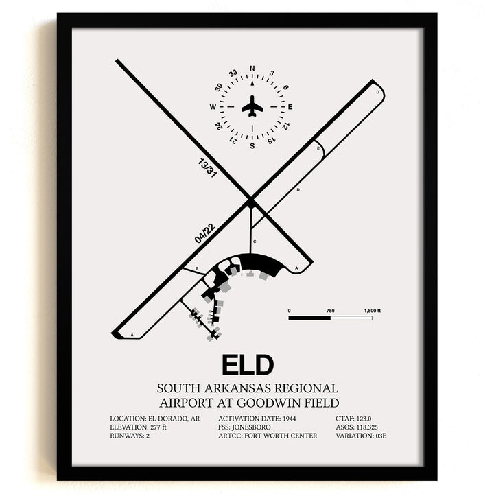 Framed Detailed Airport Map of South Arkansas Regional Airport at Goodwin Field (ELD) in White with a Black Frame