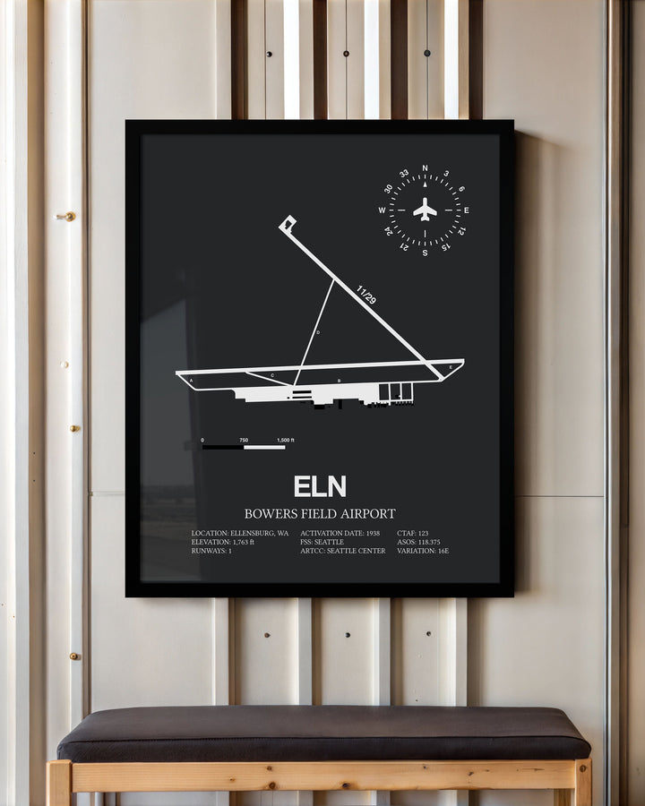 Framed Detailed Airport Map of Bowers Field Airport (ELN) in Gray with a Black Frame