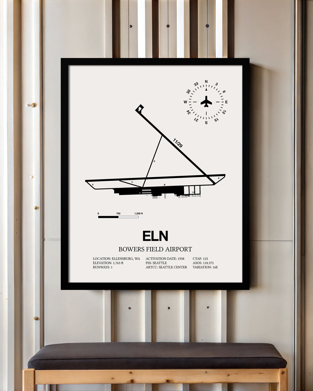 Framed Detailed Airport Map of Bowers Field Airport (ELN) in White with a Black Frame