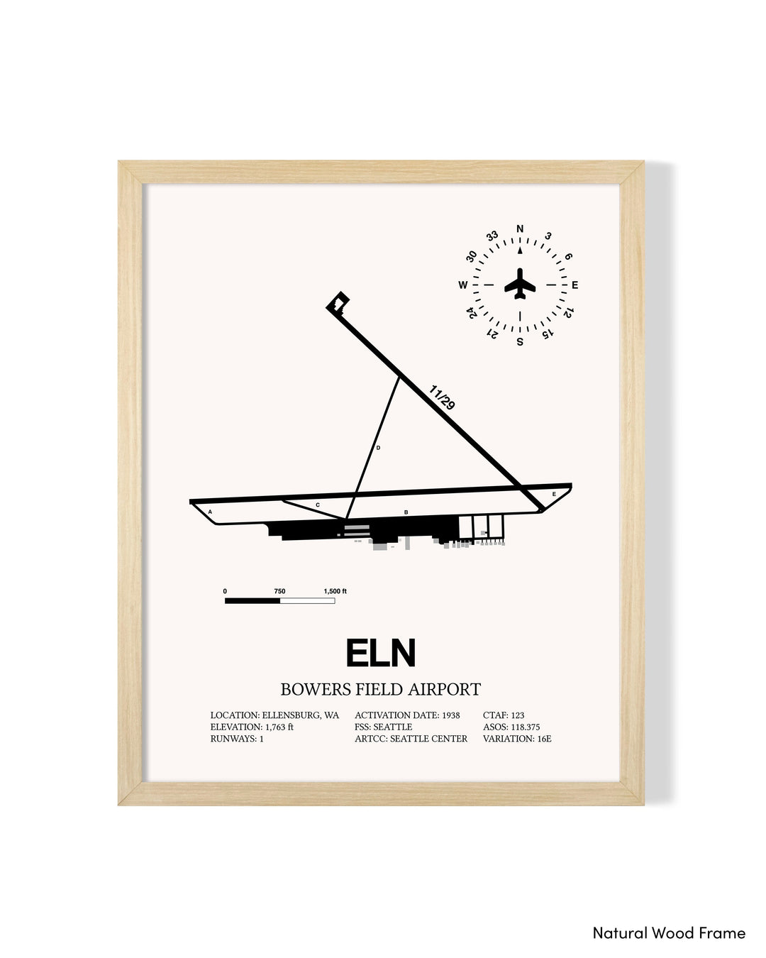 Detailed Airport Map of Bowers Field Airport (ELN) in White with a Natural Frame