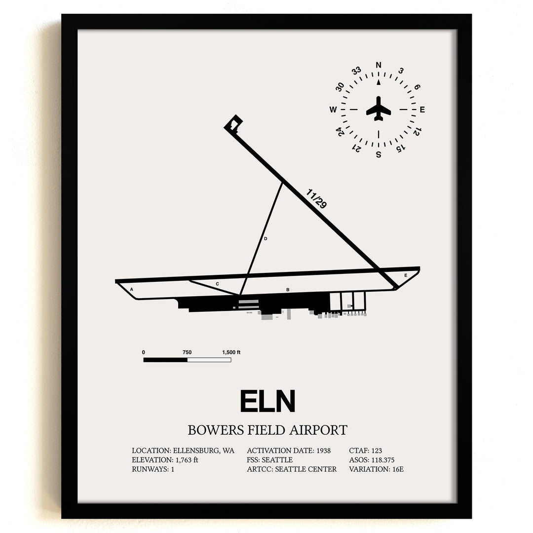 Framed Detailed Airport Map of Bowers Field Airport (ELN) in White with a Black Frame