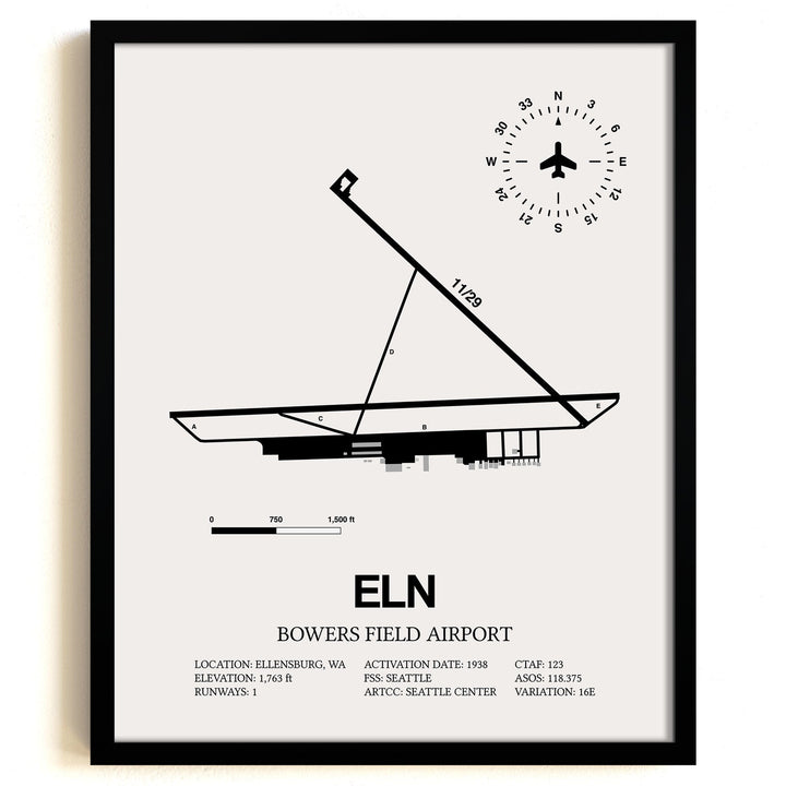 Framed Detailed Airport Map of Bowers Field Airport (ELN) in White with a Black Frame
