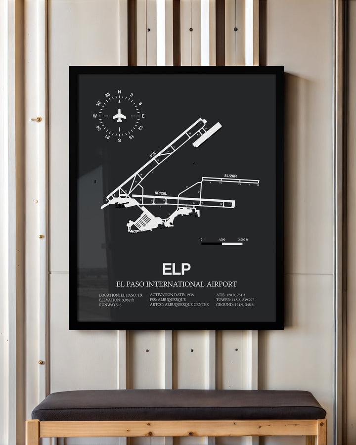 Framed Detailed Airport Map of El Paso International Airport (ELP) in Gray with a Black Frame