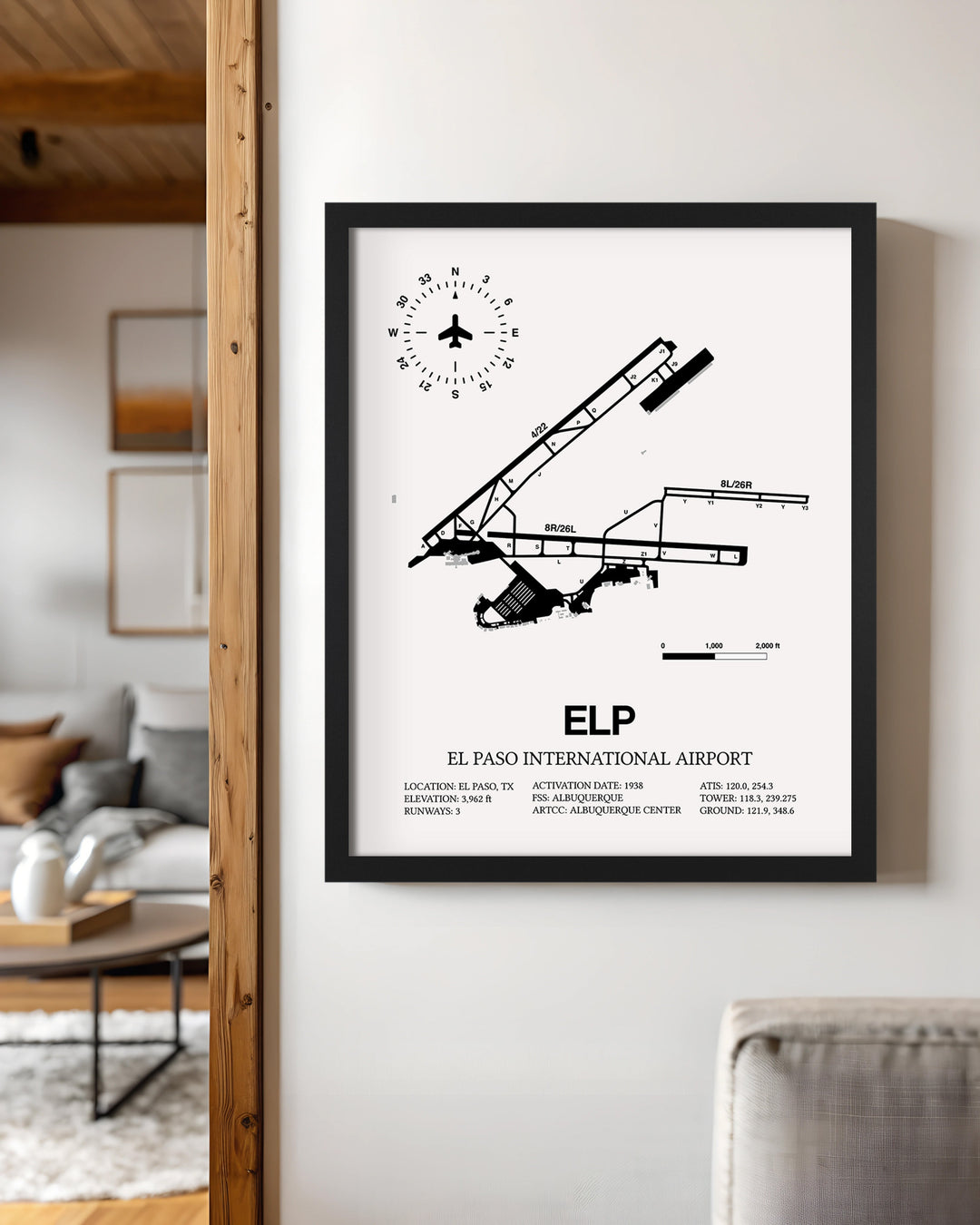 Framed Detailed Airport Map of El Paso International Airport (ELP) in White with a Black Frame
