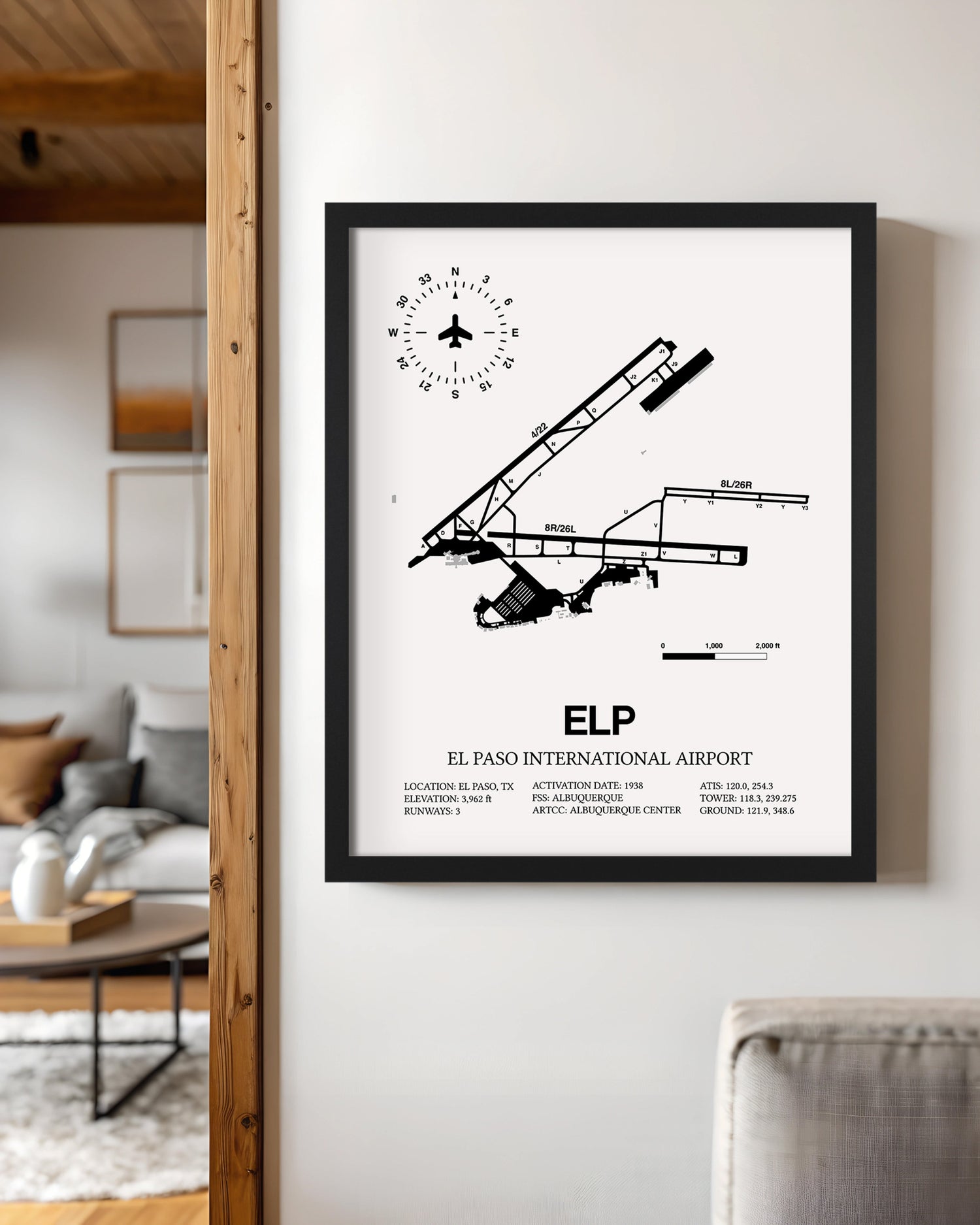 Framed Detailed Airport Map of El Paso International Airport (ELP) in White with a Black Frame