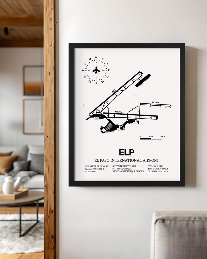 Framed Detailed Airport Map of El Paso International Airport (ELP) in White with a Black Frame