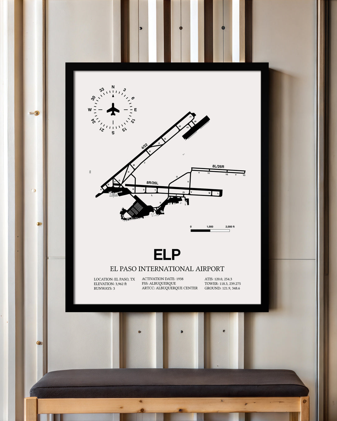 Framed Detailed Airport Map of El Paso International Airport (ELP) in White with a Black Frame