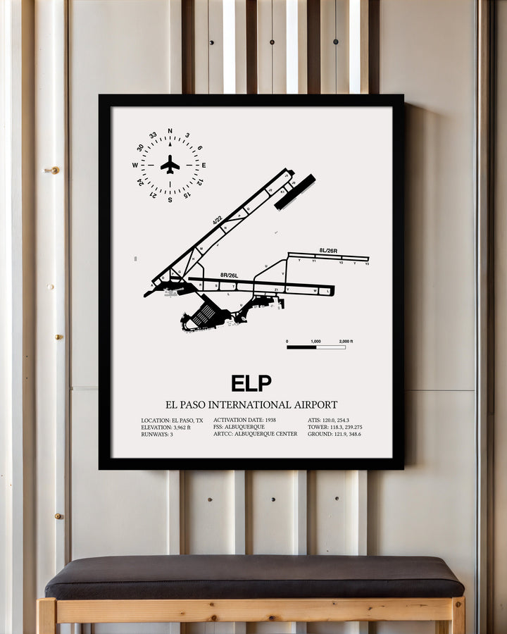 Framed Detailed Airport Map of El Paso International Airport (ELP) in White with a Black Frame