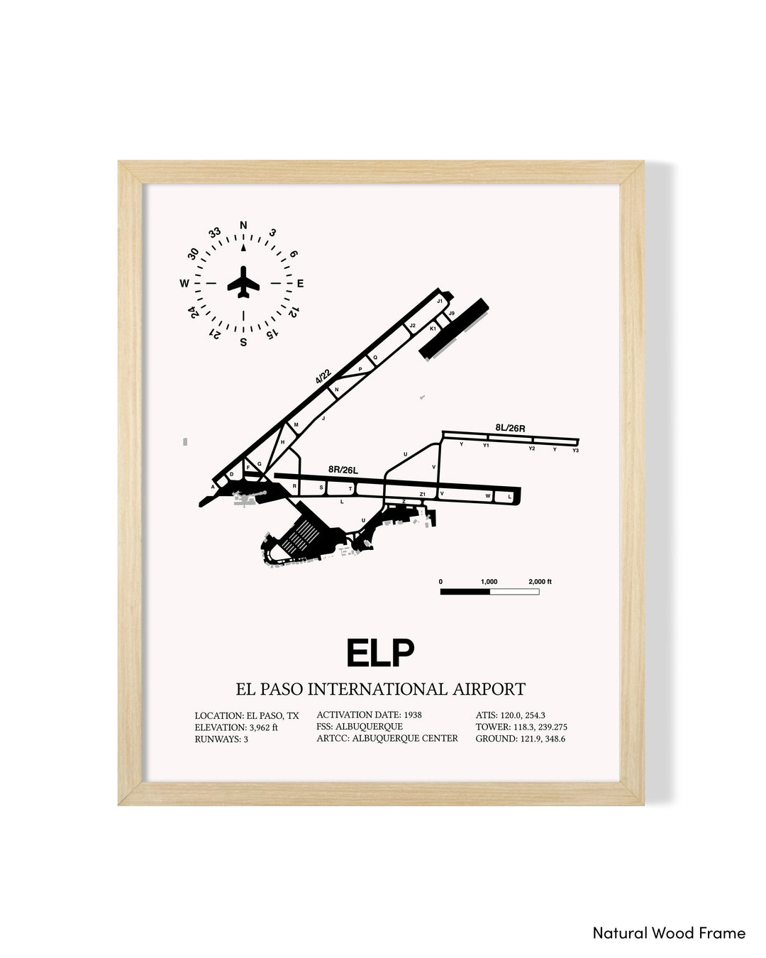 Detailed Airport Map of El Paso International Airport (ELP) in White with a Natural Frame