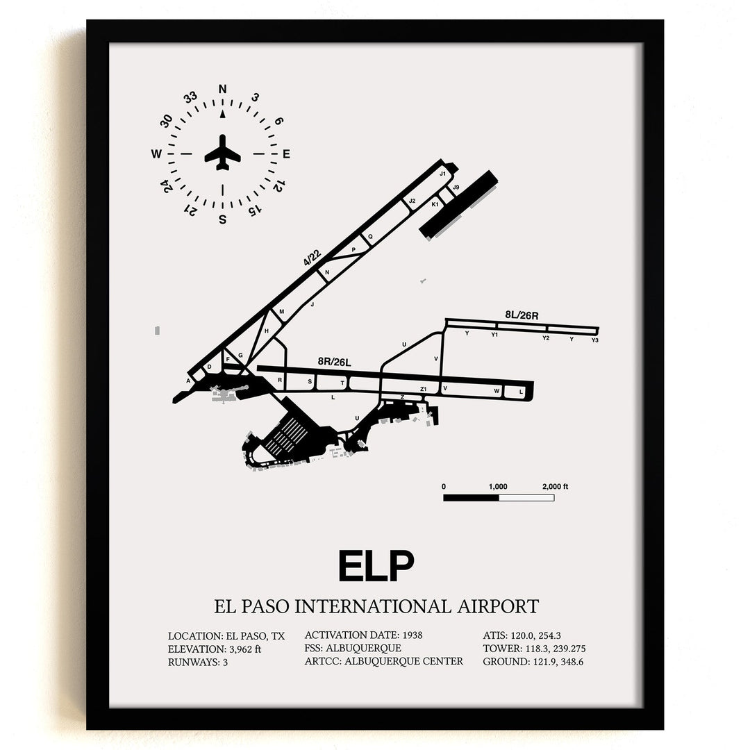Framed Detailed Airport Map of El Paso International Airport (ELP) in White with a Black Frame