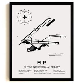Framed Detailed Airport Map of El Paso International Airport (ELP) in White with a Black Frame
