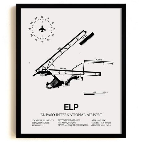 Framed Detailed Airport Map of El Paso International Airport (ELP) in White with a Black Frame