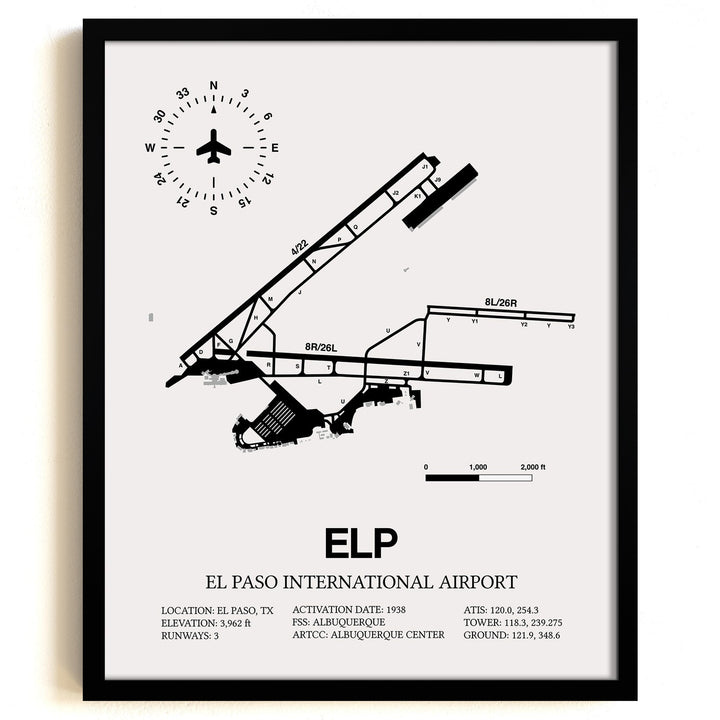 Framed Detailed Airport Map of El Paso International Airport (ELP) in White with a Black Frame