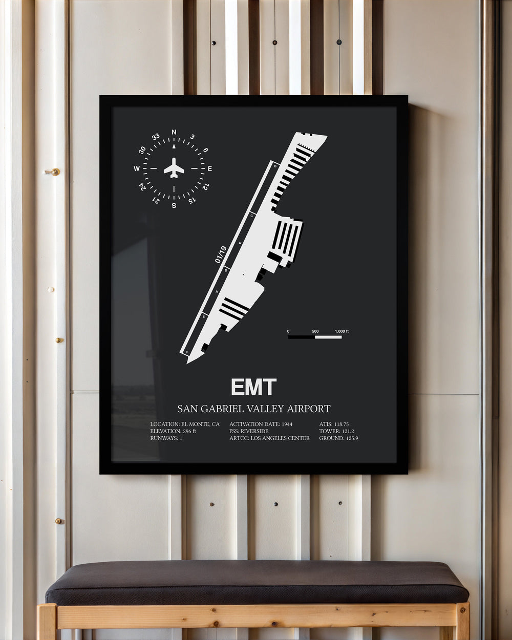 Framed Detailed Airport Map of San Gabriel Valley Airport (EMT) in Gray with a Black Frame