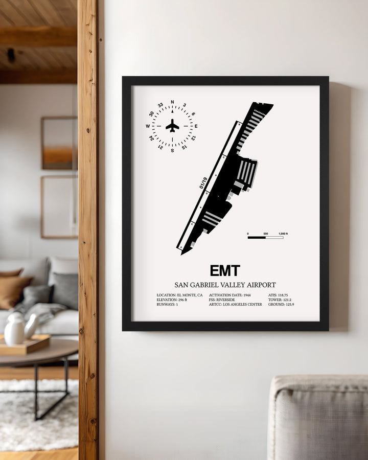 Framed Detailed Airport Map of San Gabriel Valley Airport (EMT) in White with a Black Frame