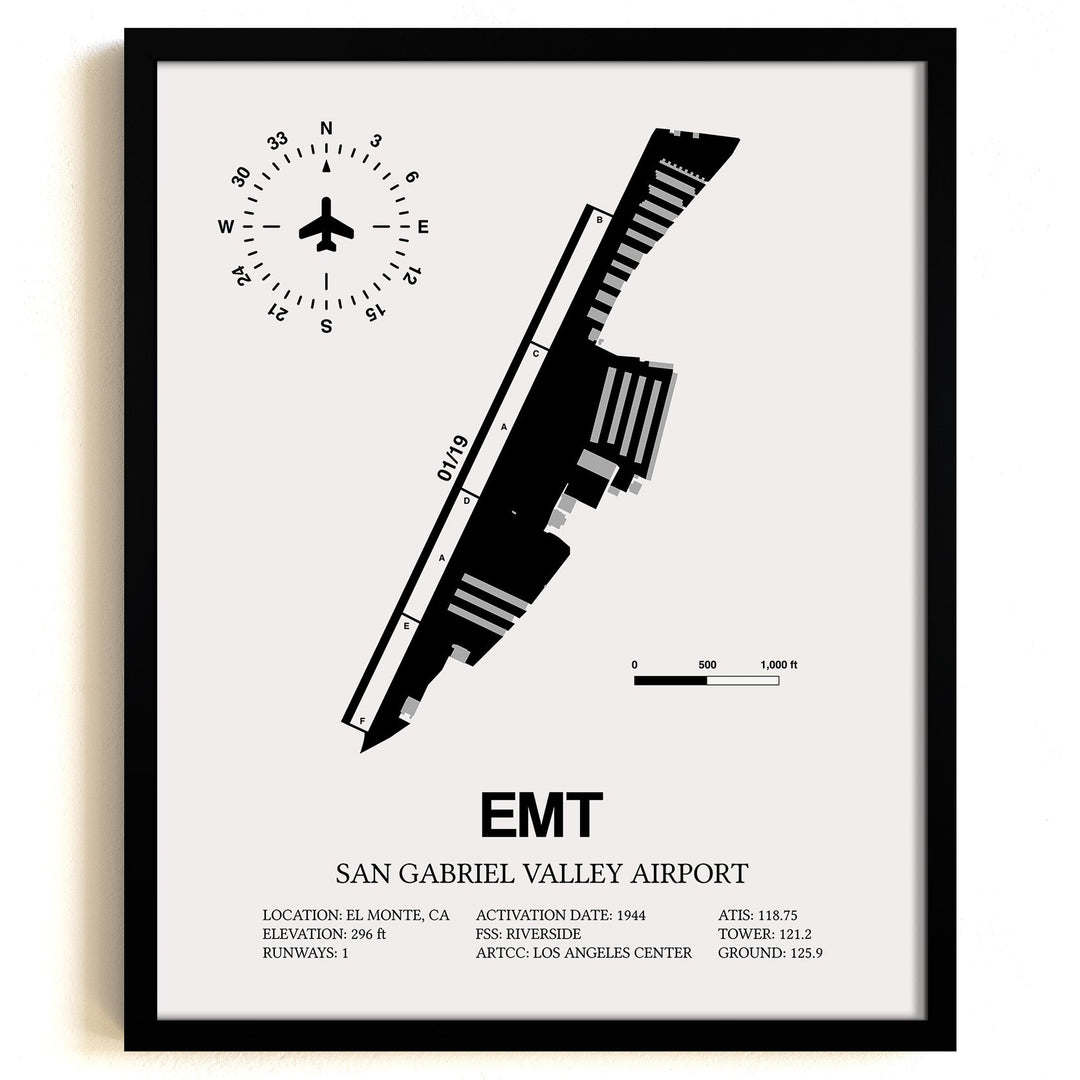 Framed Detailed Airport Map of San Gabriel Valley Airport (EMT) in White with a Black Frame