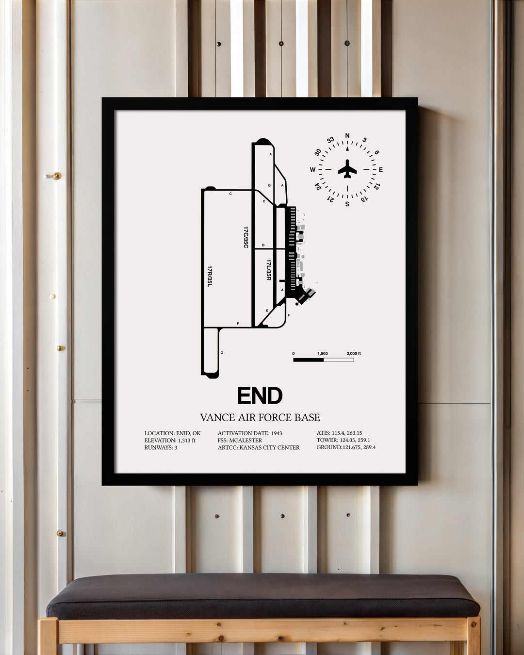 Framed Detailed Airport Map of Vance Air Force Base (END) in White with a Black Frame