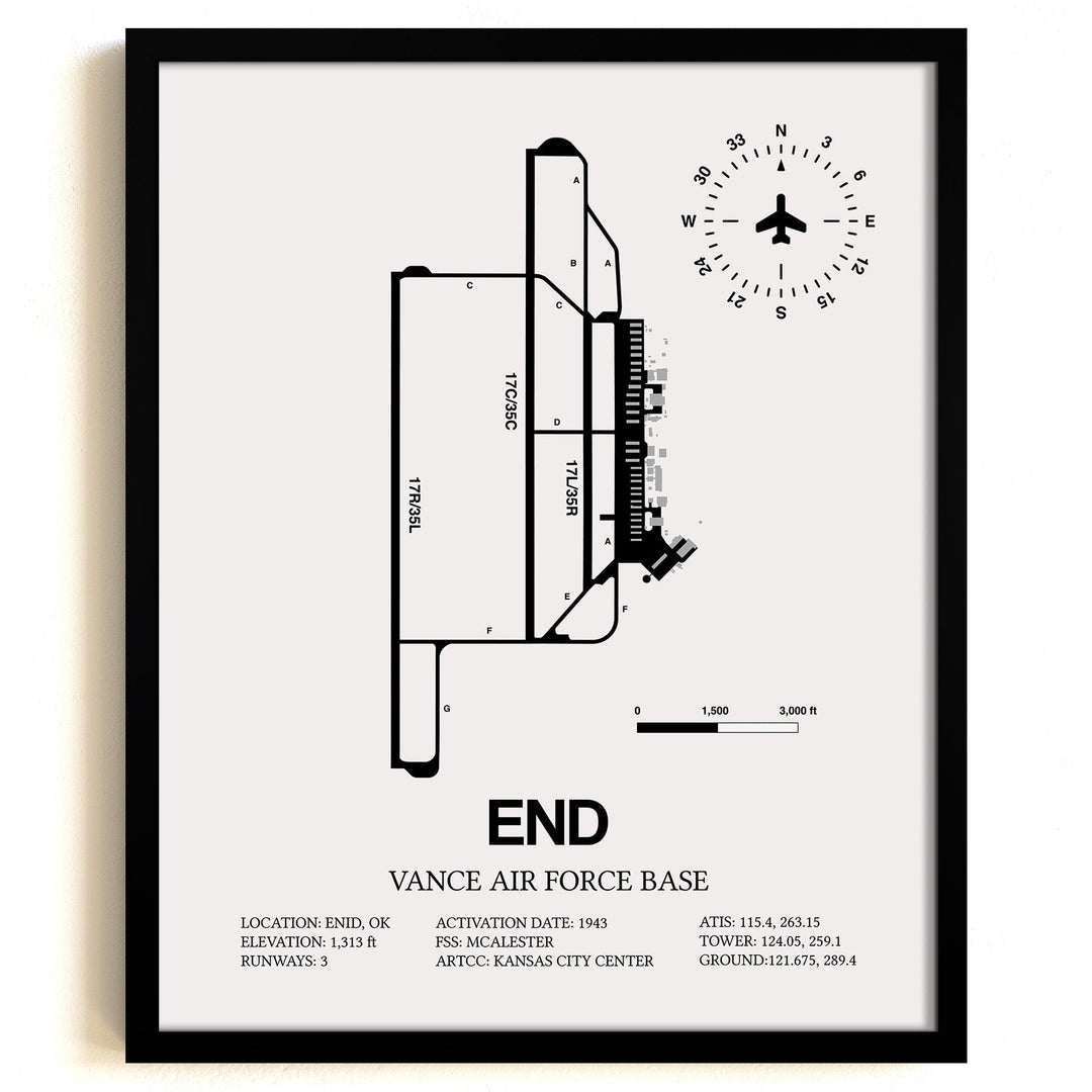 Framed Detailed Airport Map of Vance Air Force Base (END) in White with a Black Frame