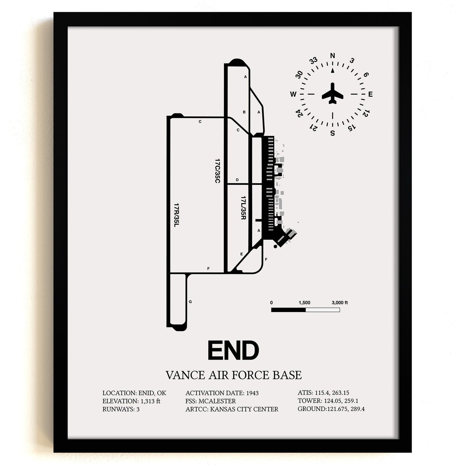 Framed Detailed Airport Map of Vance Air Force Base (END) in White with a Black Frame