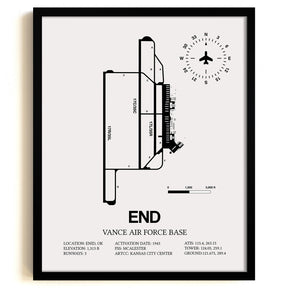 Framed Detailed Airport Map of Vance Air Force Base (END) in White with a Black Frame