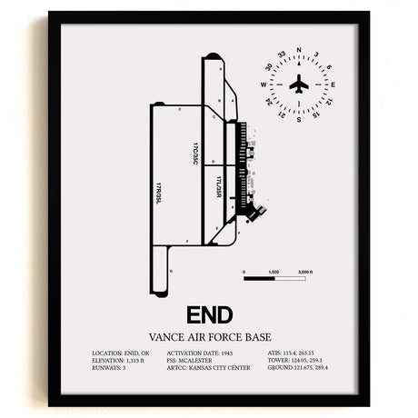 Framed Detailed Airport Map of Vance Air Force Base (END) in White with a Black Frame