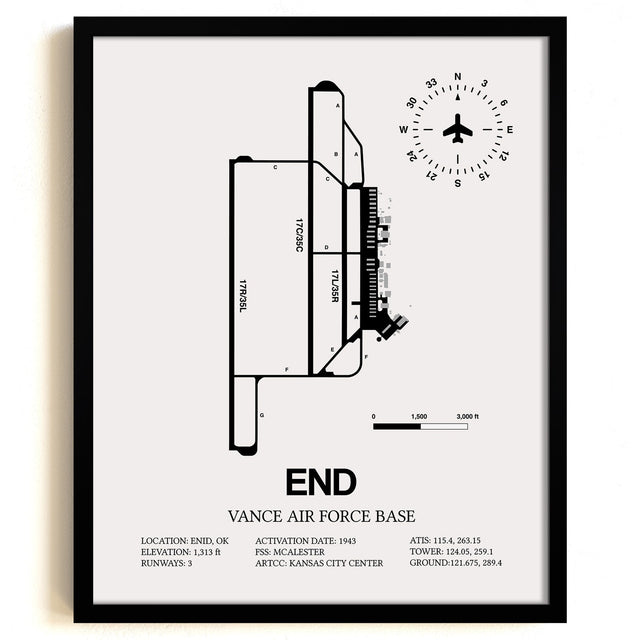 Framed Detailed Airport Map of Vance Air Force Base (END) in White with a Black Frame
