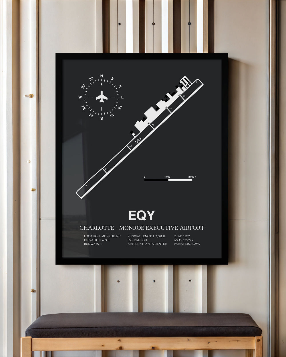 Framed Detailed Airport Map of Charlotte-Monroe Executive Airport (EQY) in Gray with a Black Frame