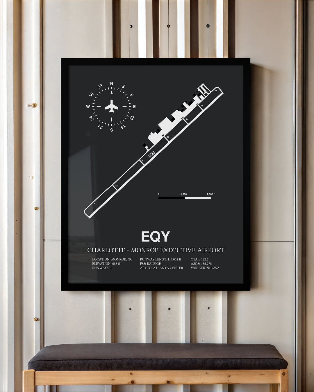 Framed Detailed Airport Map of Charlotte-Monroe Executive Airport (EQY) in Gray with a Black Frame