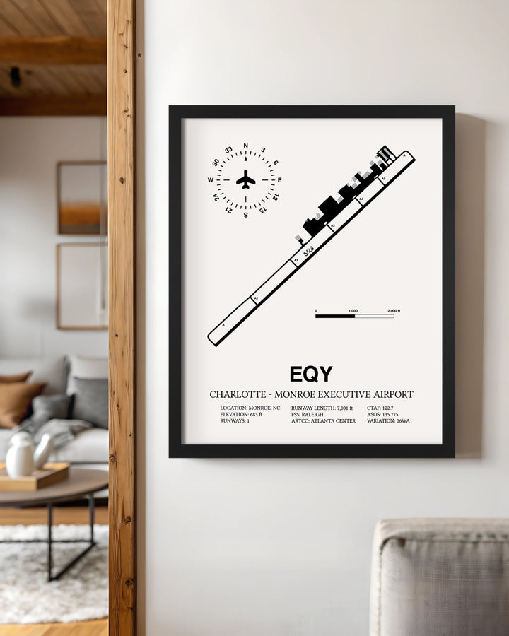 Framed Detailed Airport Map of Charlotte-Monroe Executive Airport (EQY) in White with a Black Frame