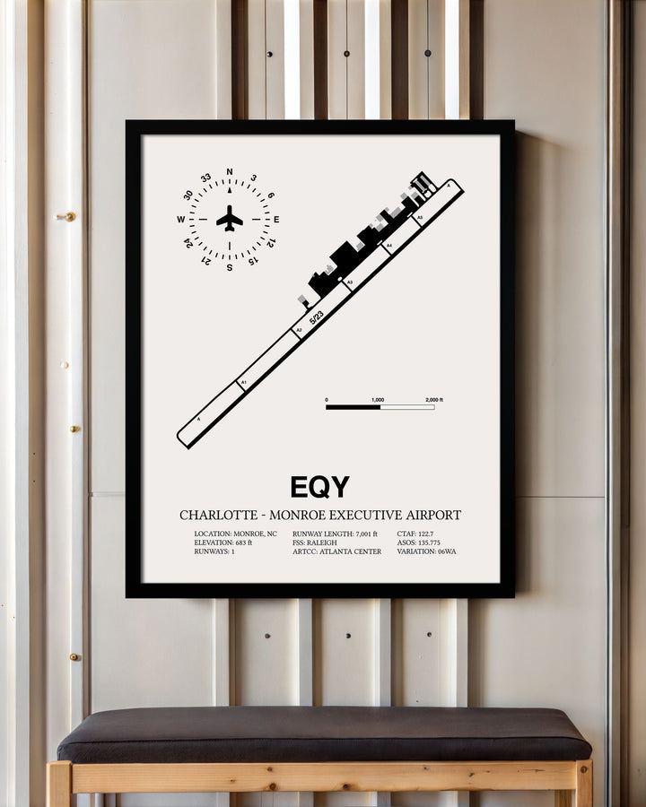 Framed Detailed Airport Map of Charlotte-Monroe Executive Airport (EQY) in White with a Black Frame
