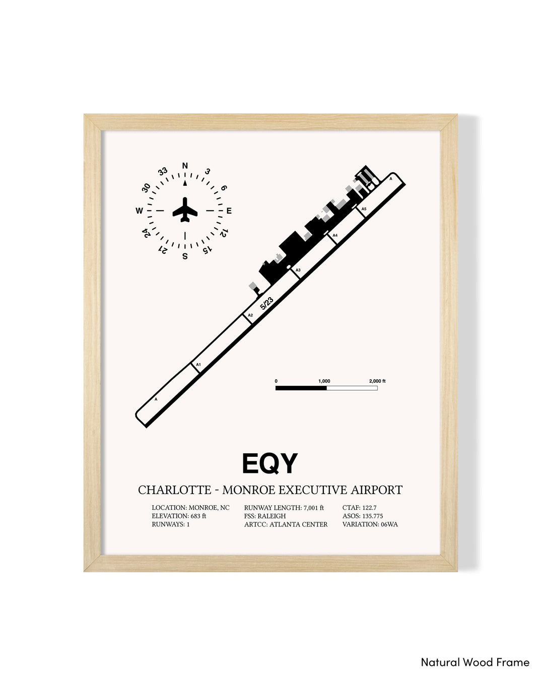 Detailed Airport Map of Charlotte-Monroe Executive Airport (EQY) in White with a Natural Frame