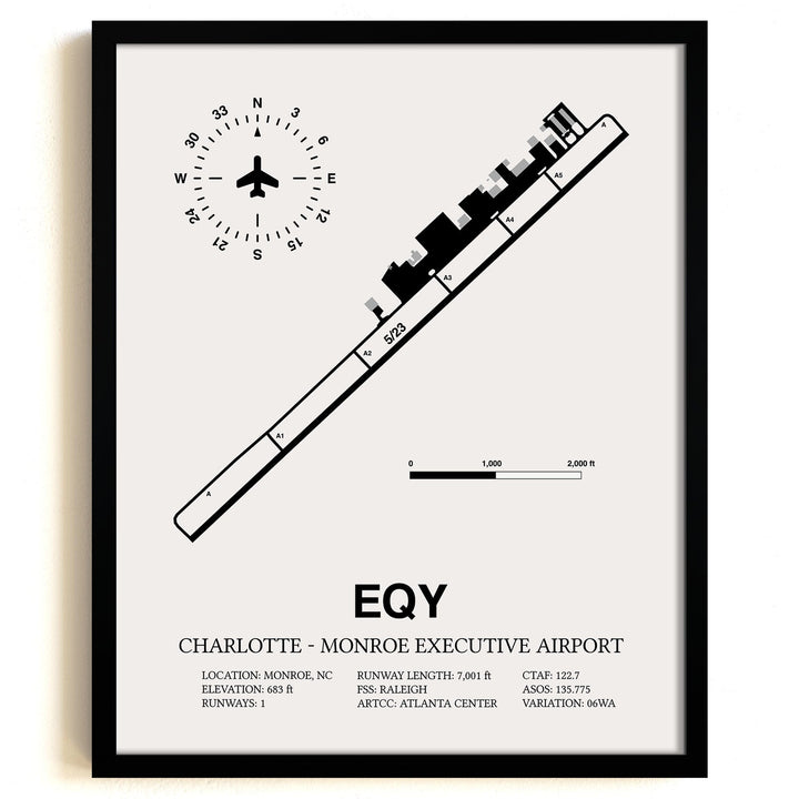 Framed Detailed Airport Map of Charlotte-Monroe Executive Airport (EQY) in White with a Black Frame