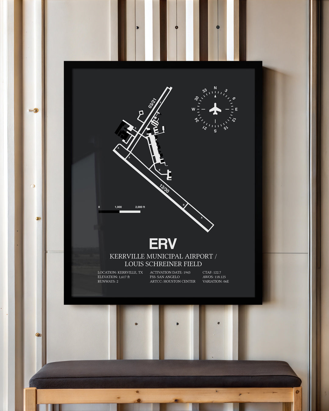 Framed Detailed Airport Map of Kerrville Municipal Airport/Louis Schreiner Field (ERV) in Gray with a Black Frame