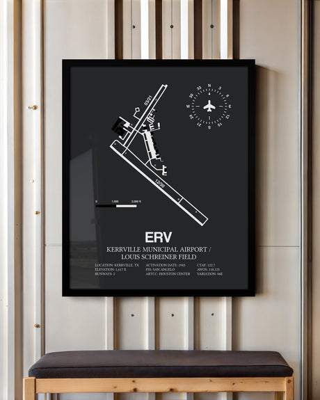 Framed Detailed Airport Map of Kerrville Municipal Airport/Louis Schreiner Field (ERV) in Gray with a Black Frame