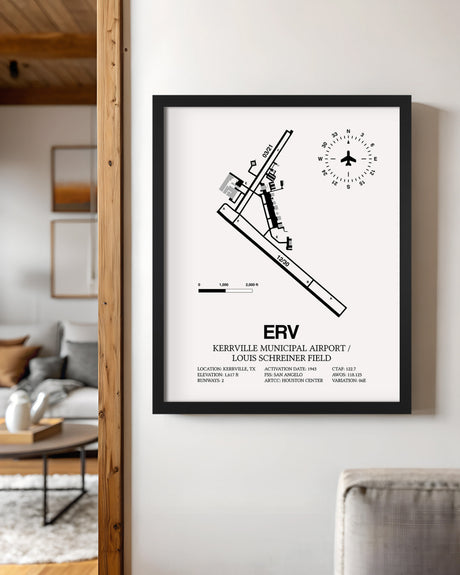 Framed Detailed Airport Map of Kerrville Municipal Airport/Louis Schreiner Field (ERV) in White with a Black Frame