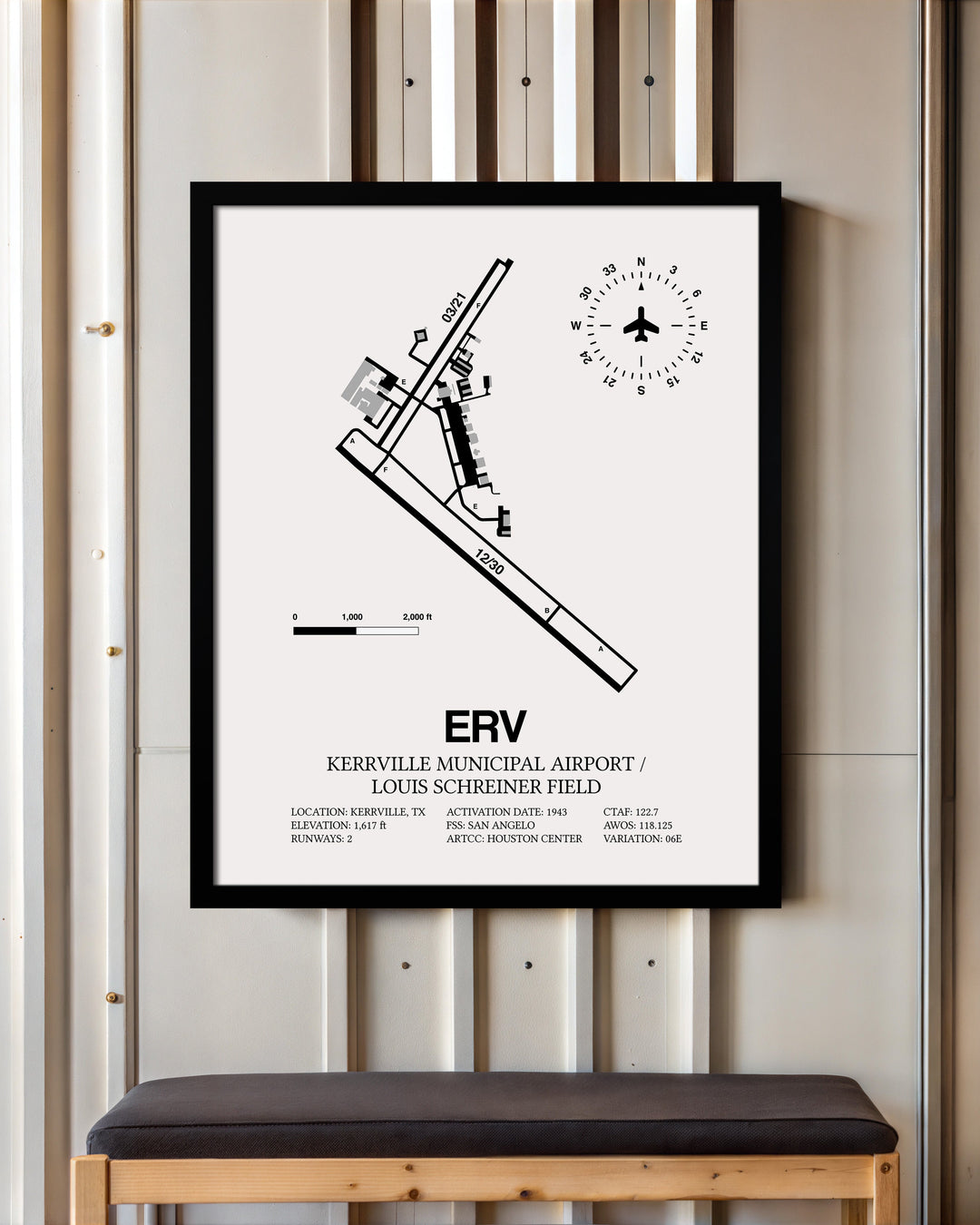 Framed Detailed Airport Map of Kerrville Municipal Airport/Louis Schreiner Field (ERV) in White with a Black Frame
