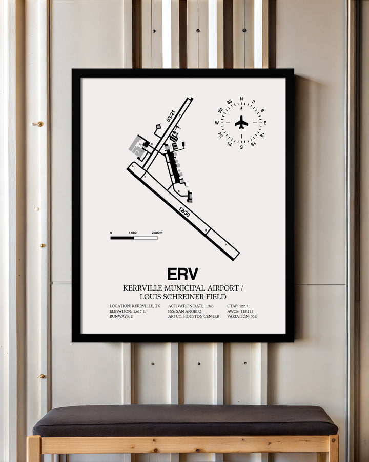 Framed Detailed Airport Map of Kerrville Municipal Airport/Louis Schreiner Field (ERV) in White with a Black Frame
