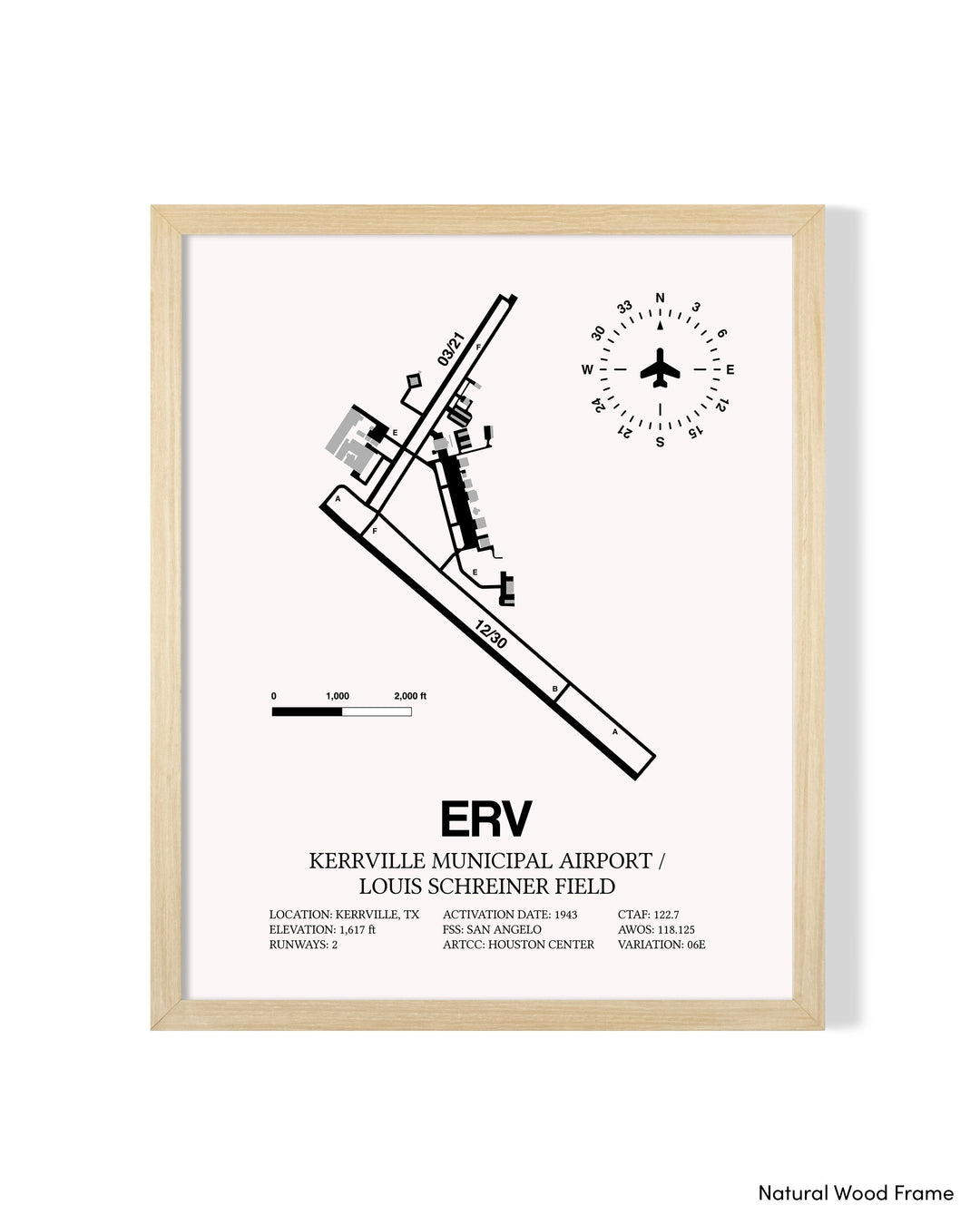 Detailed Airport Map of Kerrville Municipal Airport/Louis Schreiner Field (ERV) in White with a Natural Frame
