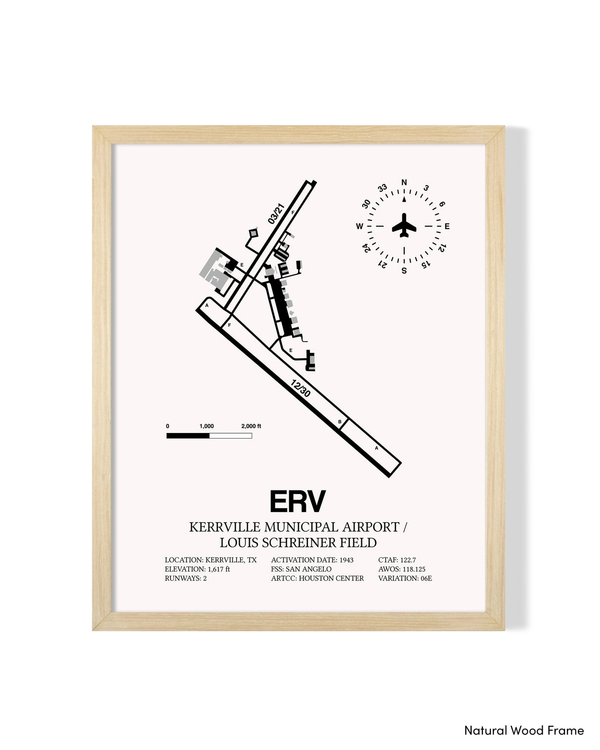 Detailed Airport Map of Kerrville Municipal Airport/Louis Schreiner Field (ERV) in White with a Natural Frame
