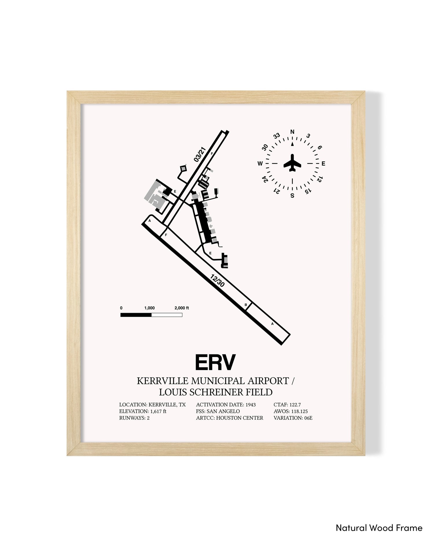 Detailed Airport Map of Kerrville Municipal Airport/Louis Schreiner Field (ERV) in White with a Natural Frame
