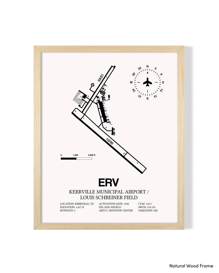 Detailed Airport Map of Kerrville Municipal Airport/Louis Schreiner Field (ERV) in White with a Natural Frame