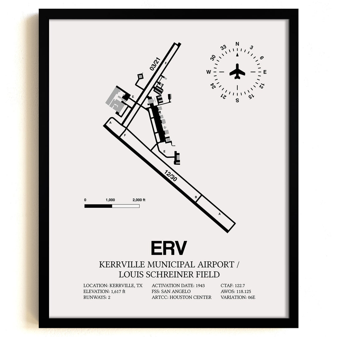 Framed Detailed Airport Map of Kerrville Municipal Airport/Louis Schreiner Field (ERV) in White with a Black Frame