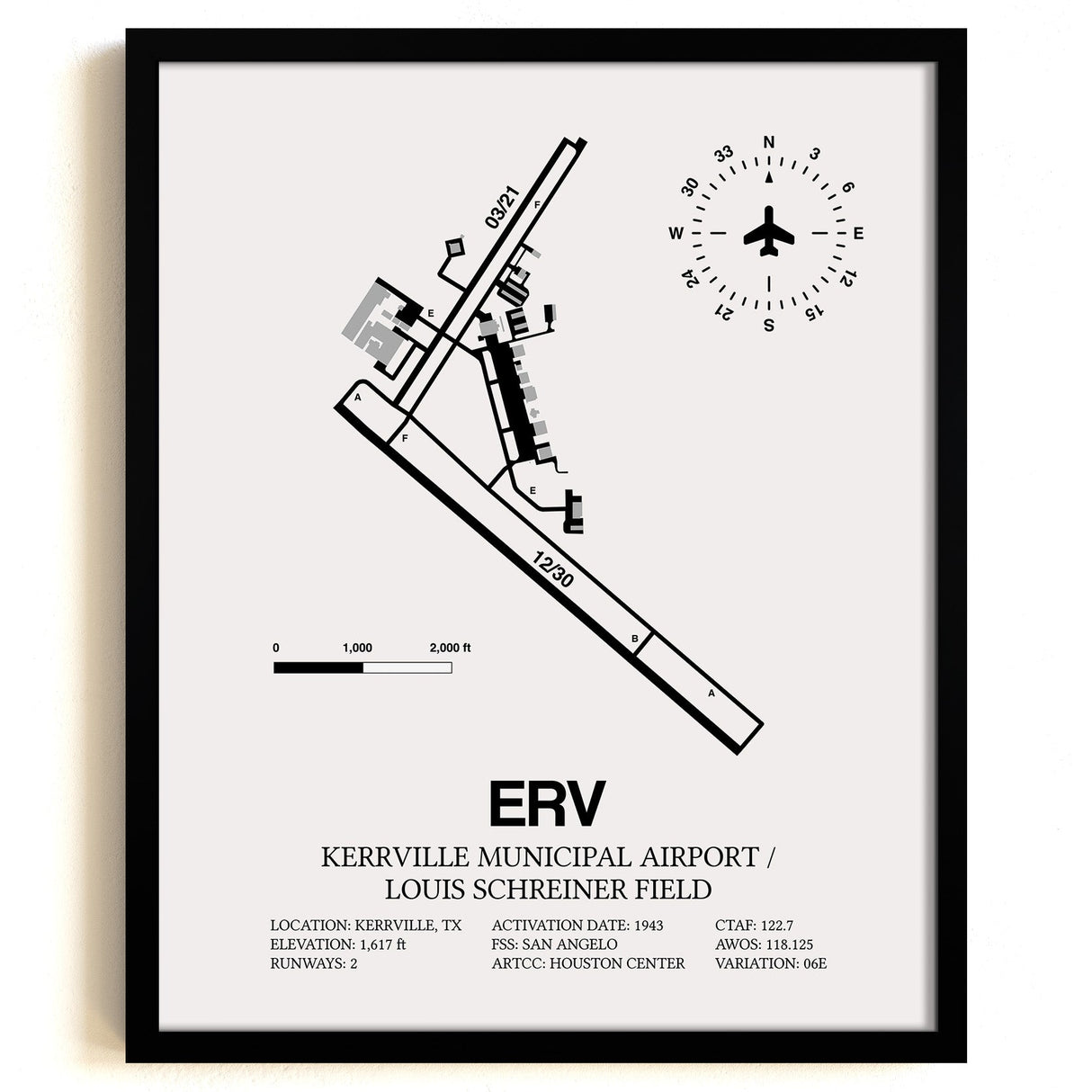 Framed Detailed Airport Map of Kerrville Municipal Airport/Louis Schreiner Field (ERV) in White with a Black Frame