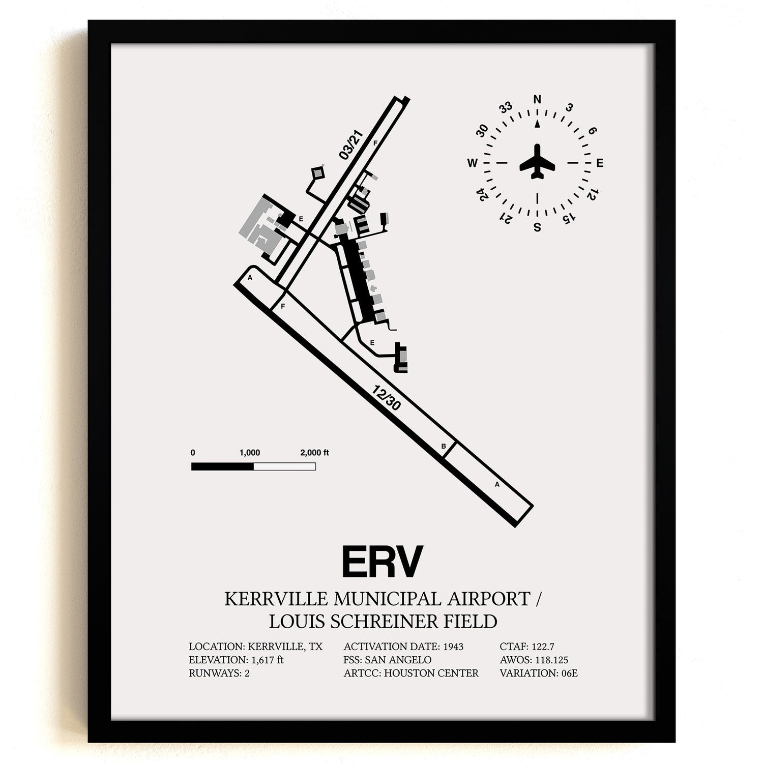 Framed Detailed Airport Map of Kerrville Municipal Airport/Louis Schreiner Field (ERV) in White with a Black Frame