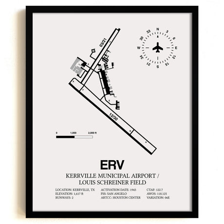 Framed Detailed Airport Map of Kerrville Municipal Airport/Louis Schreiner Field (ERV) in White with a Black Frame