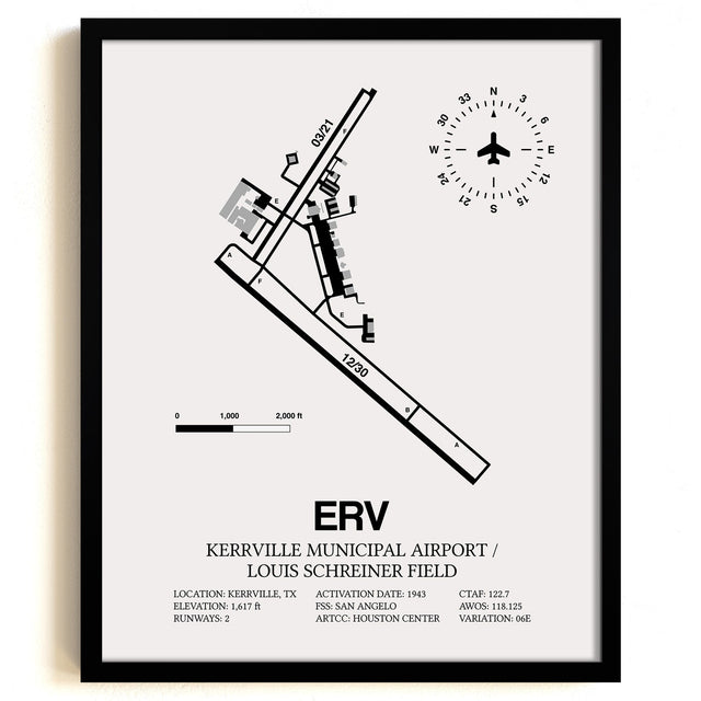Framed Detailed Airport Map of Kerrville Municipal Airport/Louis Schreiner Field (ERV) in White with a Black Frame
