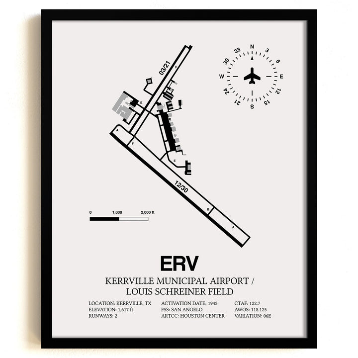 Framed Detailed Airport Map of Kerrville Municipal Airport/Louis Schreiner Field (ERV) in White with a Black Frame